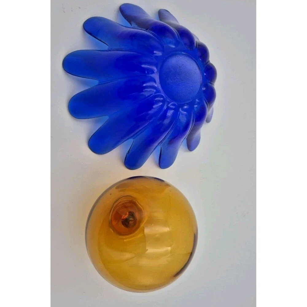 Cobalt Blue Heavy Art Glass Lotus Unique Candle Holder Vintage/ Amber Globe